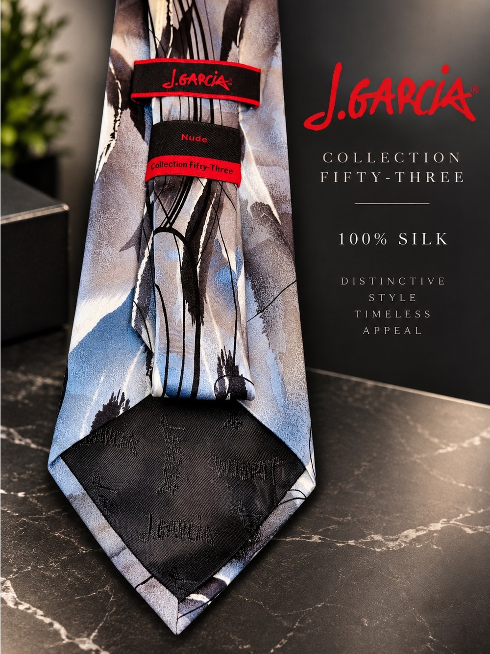 J. Garcia Blue and Black Abstract Silk Tie